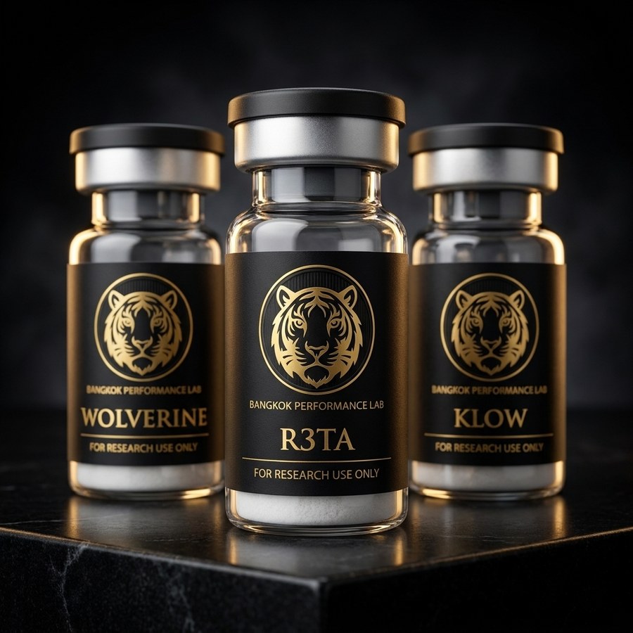 Three Bangkok Performance Lab research vials labelled Wolverine, R3TA and KLOW